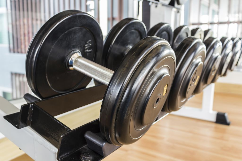 Many black dumbbell lined up in a fitness room.