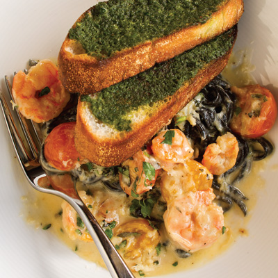 Black Linguine with Gulf Shrimp, Crab, and Cherry Tomatoes