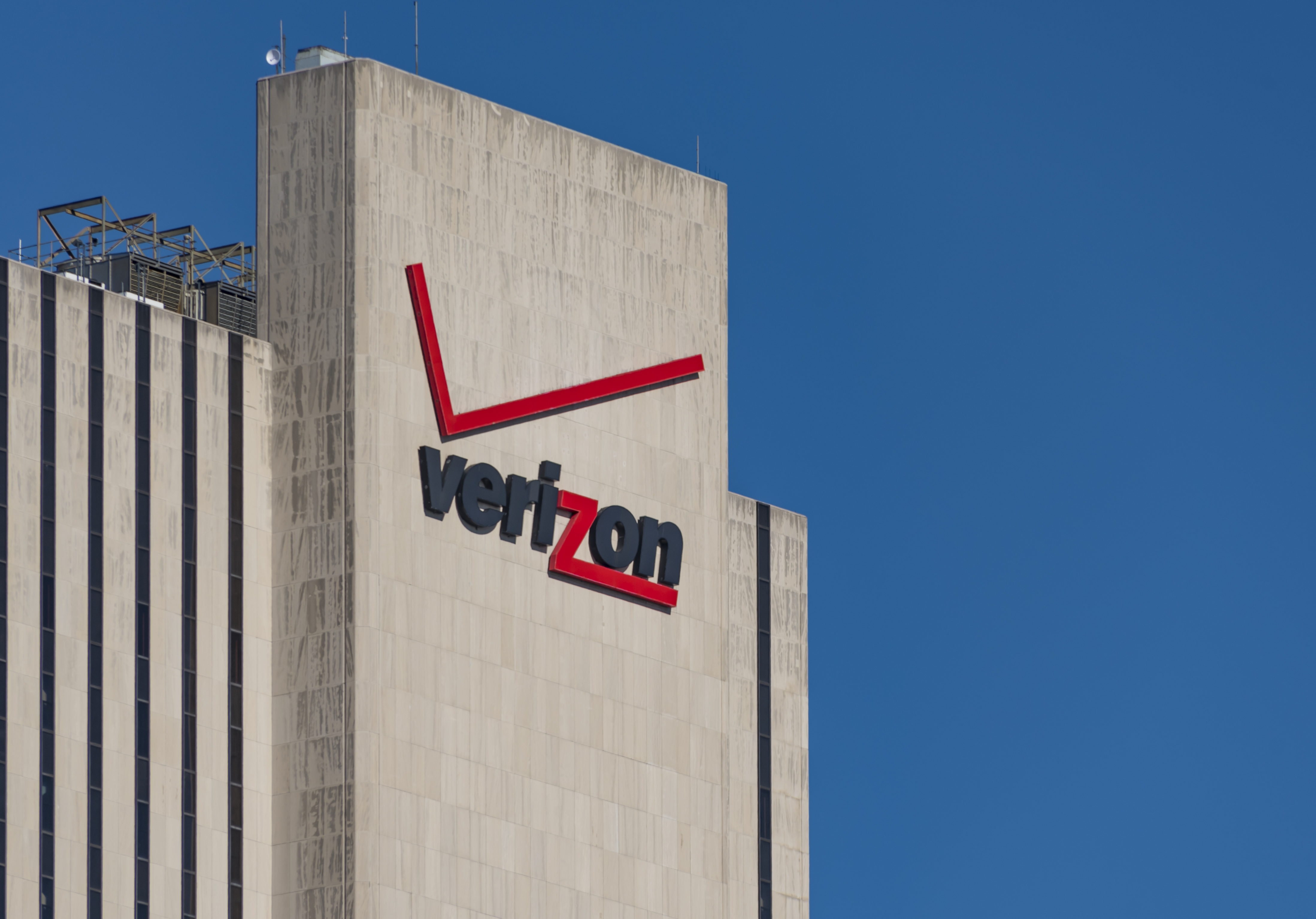 Verizon signage and logo on its building at 375 pearl street...