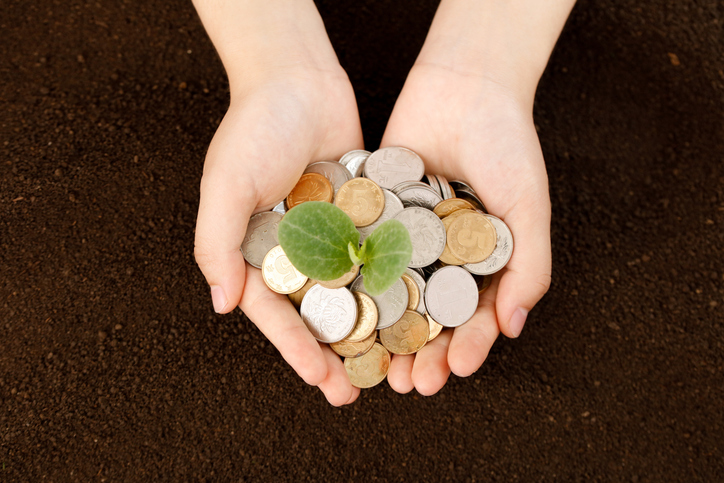 Hands Holding Coins with Green Plant Sprout - Investment Growth and Retirement Savings Concept